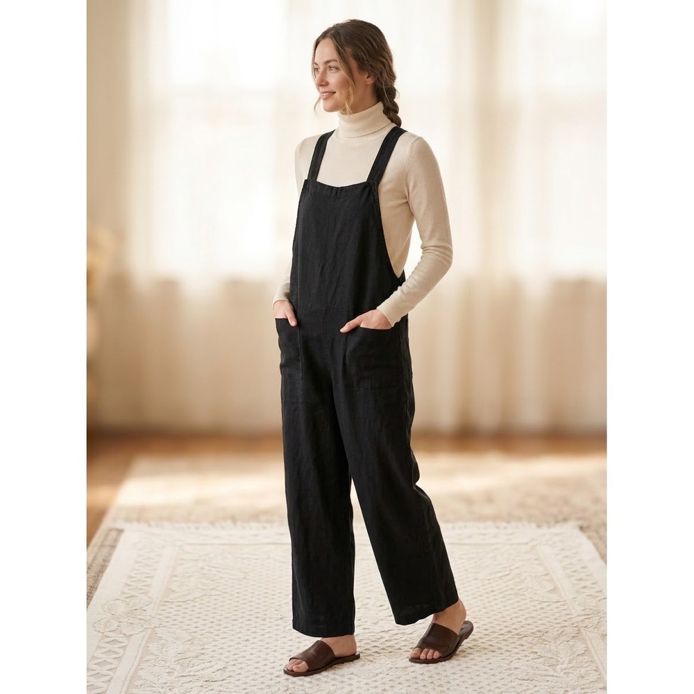 Not Monday Black 100% Linen Wide Leg Overalls NWOT Clean Girl Minimalist Boho